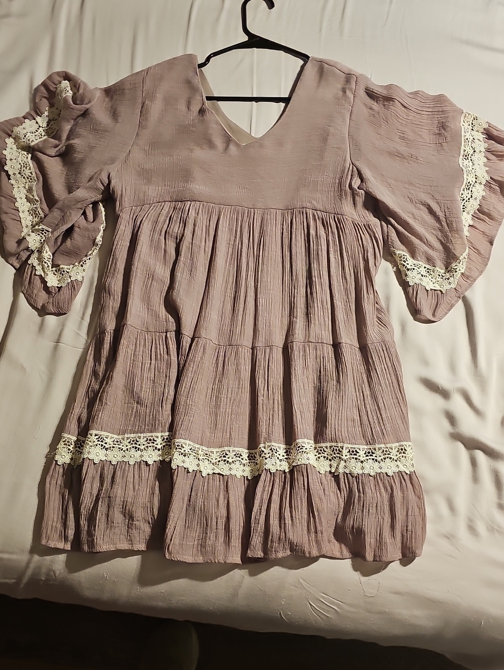 Umgee Dusty Mauve Lace-Trim Asymmetrical Tiered Dress